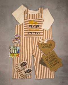 cloth with brown stripe and a matching shoe